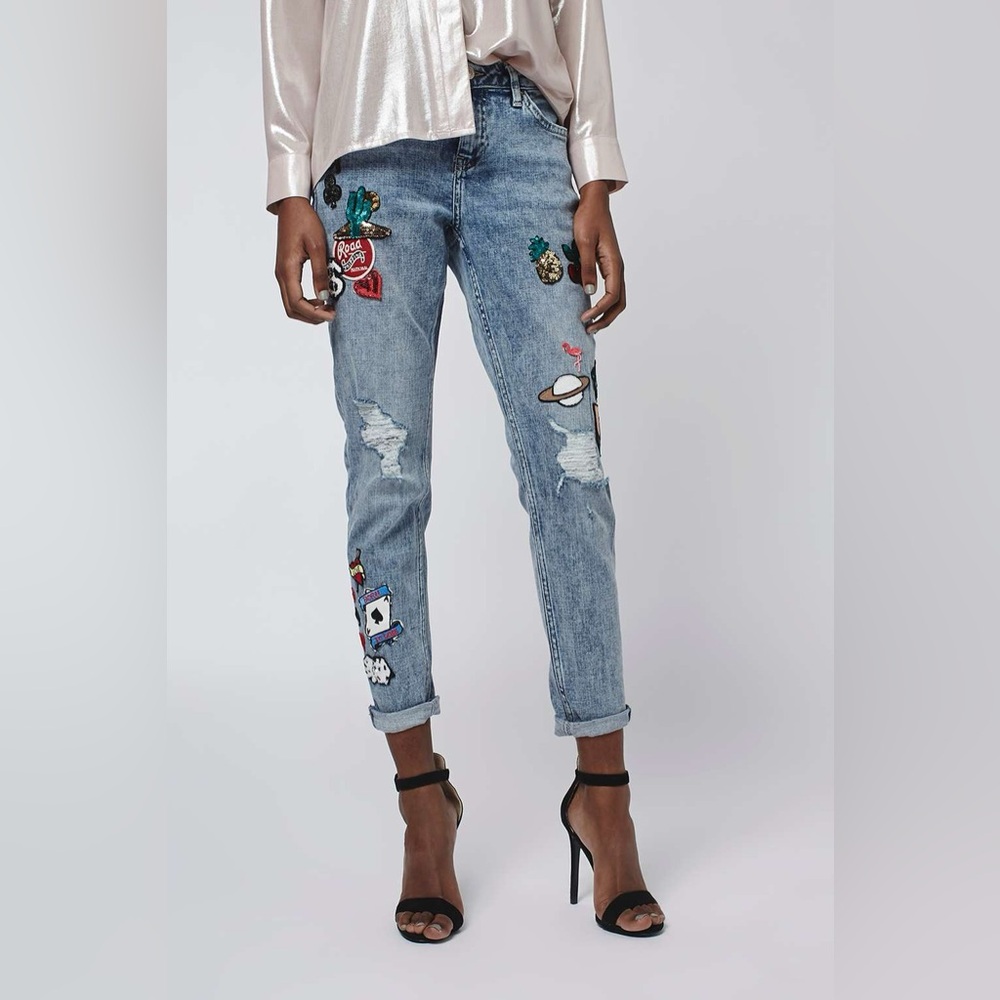 NEW Topshop MOTO Badge Lucas Low Rise Slim Boyfriend Jeans Casino Size W30 L32